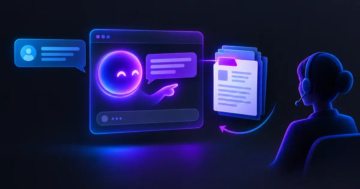Ilustración de un agente de IA que responde un chat citando documentos del negocio y una persona lista para tomar la conversación