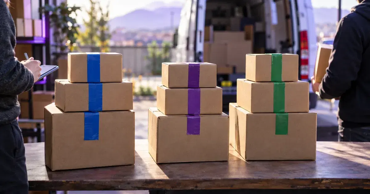 Tres pilas de cajas de despacho con cintas de distintos colores y una camioneta de reparto al fondo