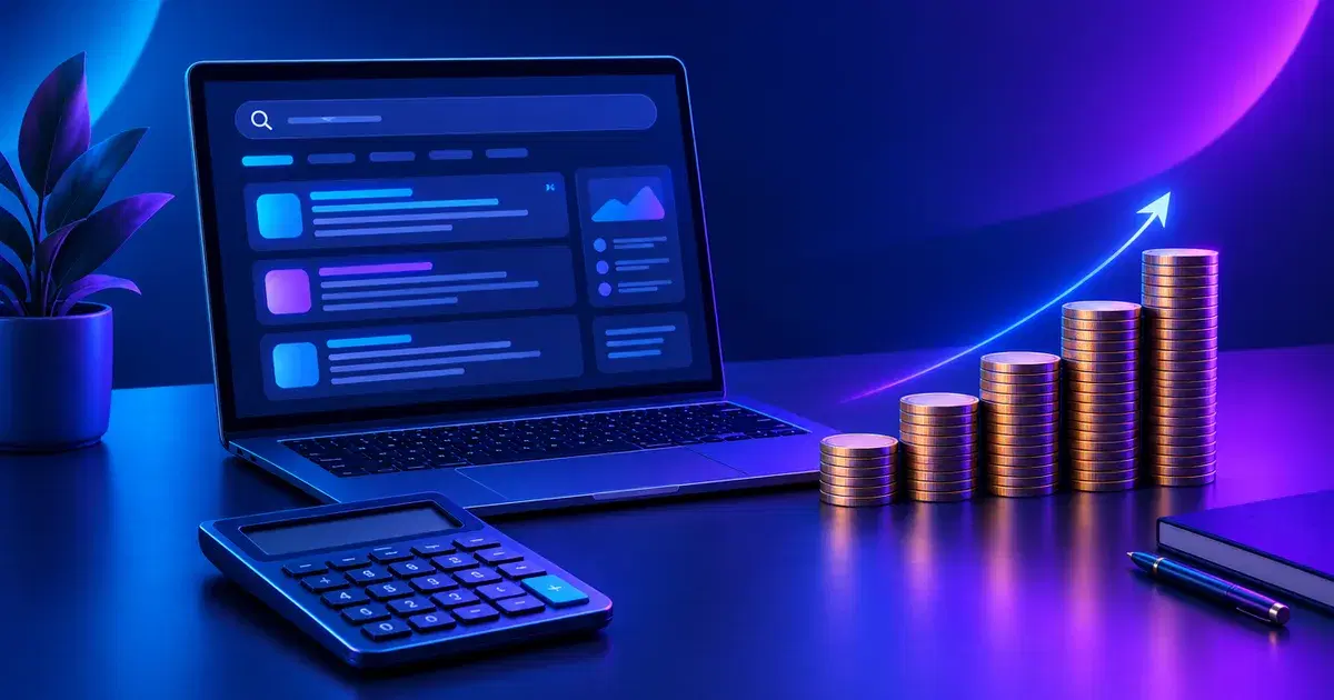 Ilustración de un notebook con resultados de búsqueda, una calculadora y monedas apiladas como escalera