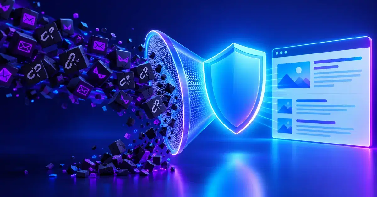 Ilustración de un escudo que protege un sitio web mientras un filtro descarta enlaces de spam