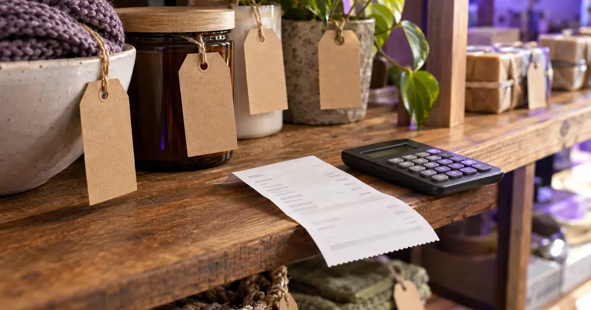 Etiquetas de precio de papel kraft colgando de productos junto a una boleta y una calculadora