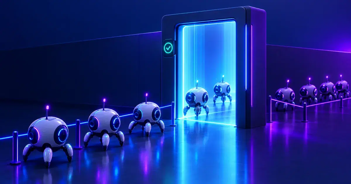 Ilustración de rastreadores de IA haciendo fila en la puerta de un sitio web, algunos autorizados a entrar
