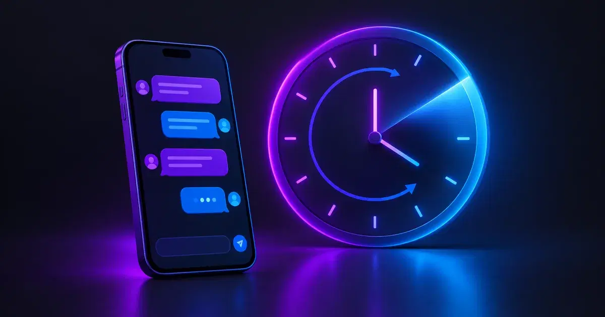 Ilustración de un celular con un chat junto a un reloj de 24 horas cuya ventana de luz se está cerrando