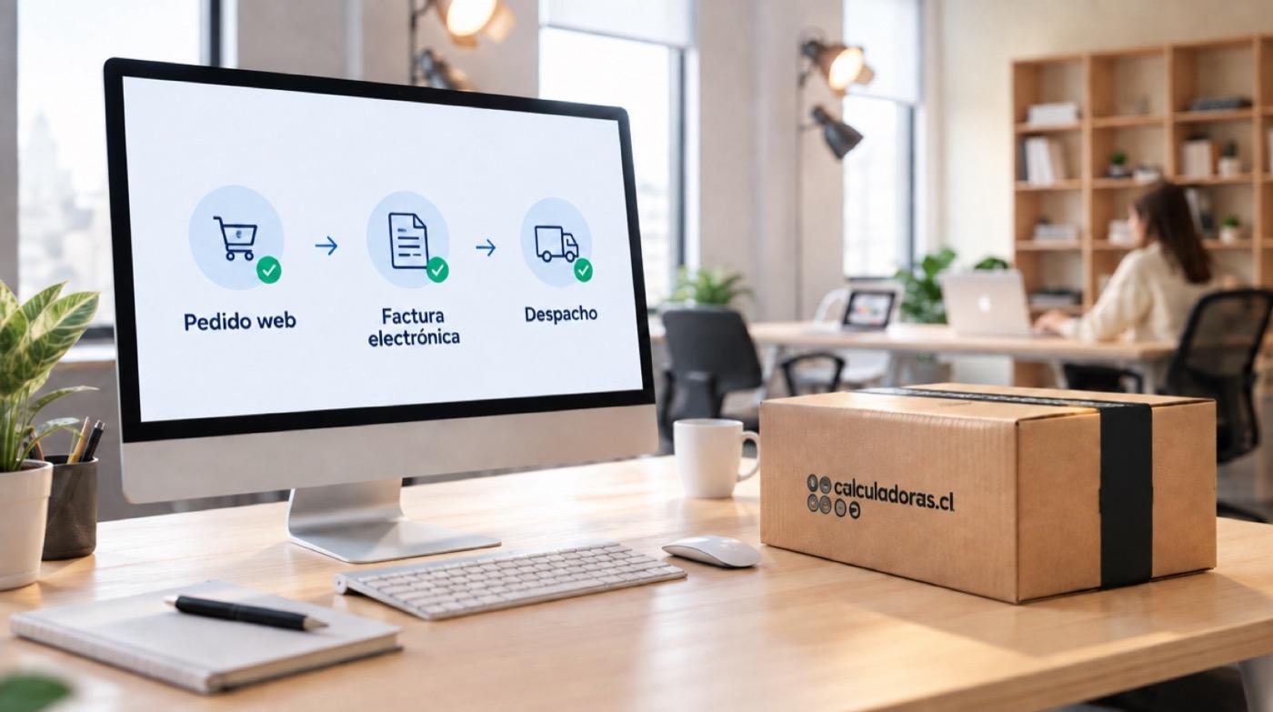 Flujo automatizado de pedido web, factura electrónica y despacho junto a una caja de calculadoras.cl