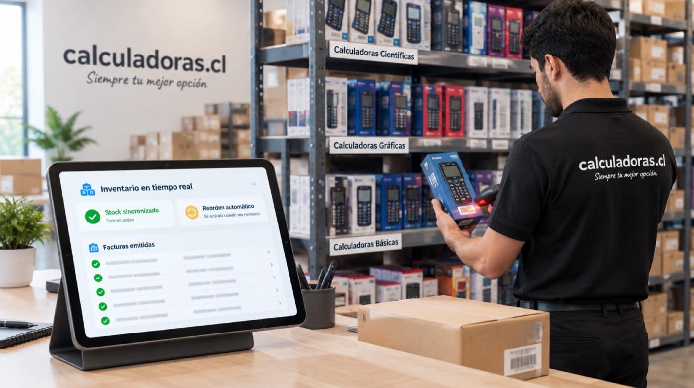 Trabajador escanea una caja mientras una tablet muestra el inventario sincronizado