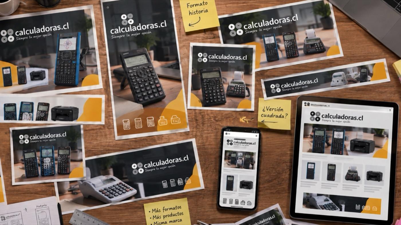 Piezas de calculadoras.cl en muchos formatos repartidas sobre la mesa de diseño