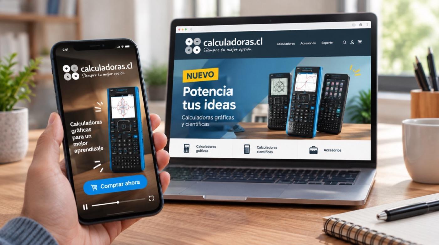 Anuncio en video vertical de calculadoras.cl en un celular y banner destacado en la web