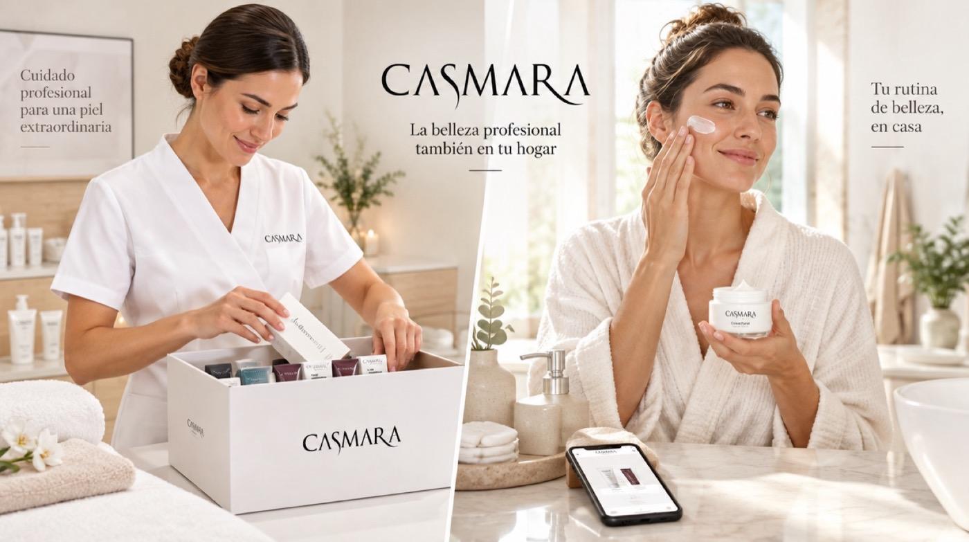 Esteticista recibiendo productos Casmara y clienta aplicándose una crema en casa