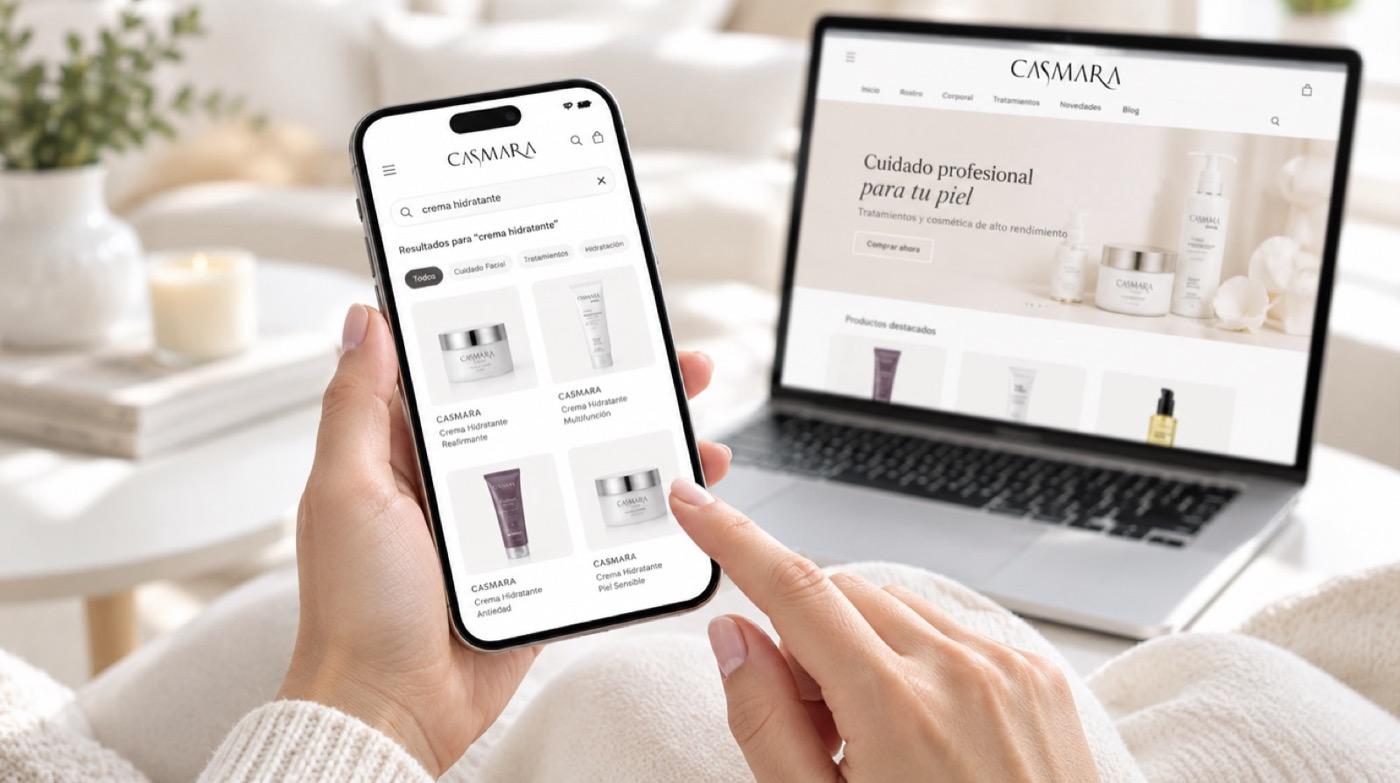 Celular con resultados de búsqueda de cremas hidratantes en la tienda de Casmara