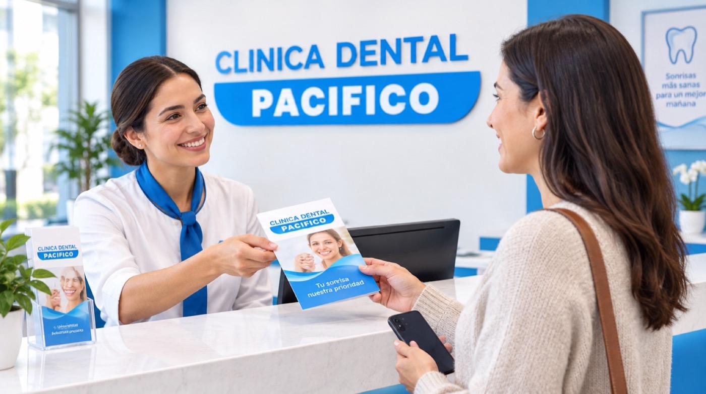 Recepcionista de Clínica Dental Pacífico entregando un folleto a una paciente nueva
