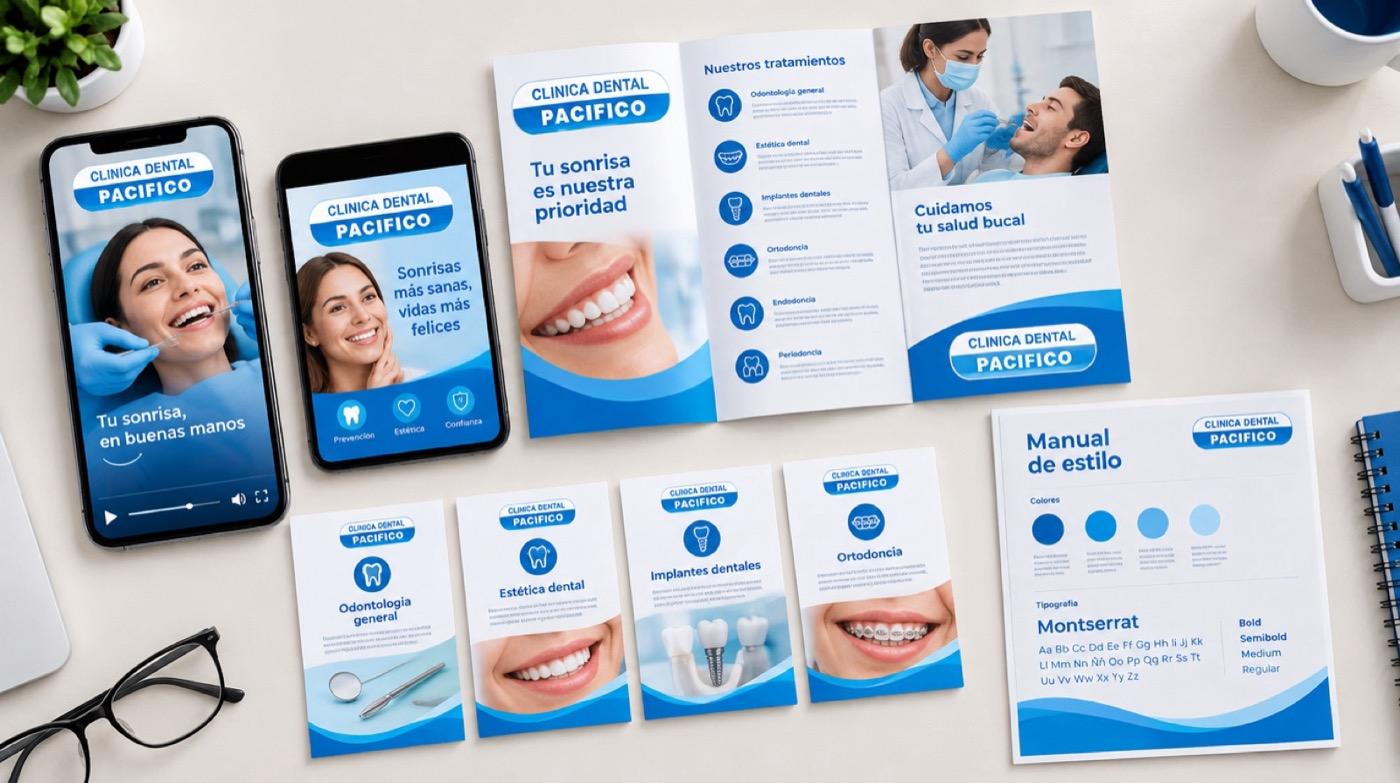 Kit publicitario de Clínica Dental Pacífico: video y anuncio en celulares, tríptico, fichas y manual de estilo