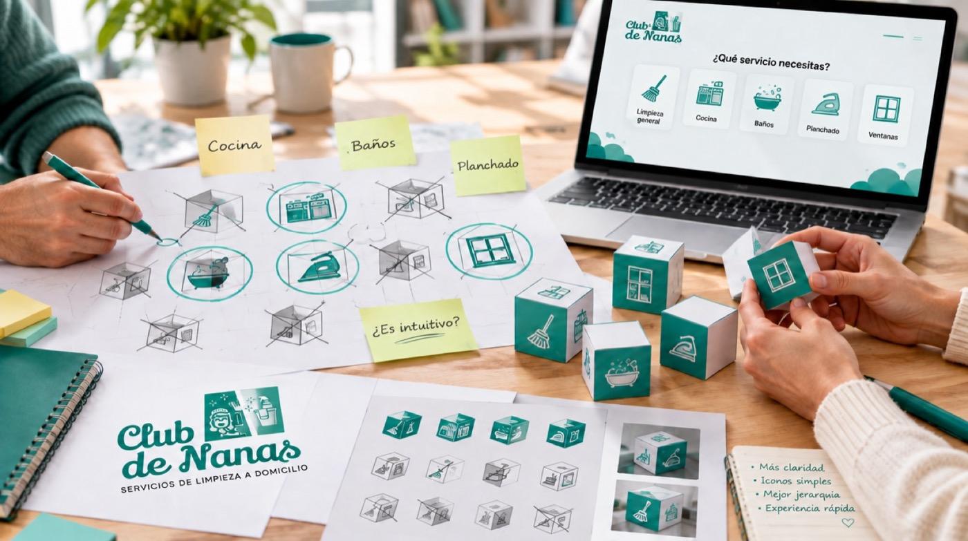 Bocetos de íconos y cubos para representar cada servicio sobre una mesa de diseño