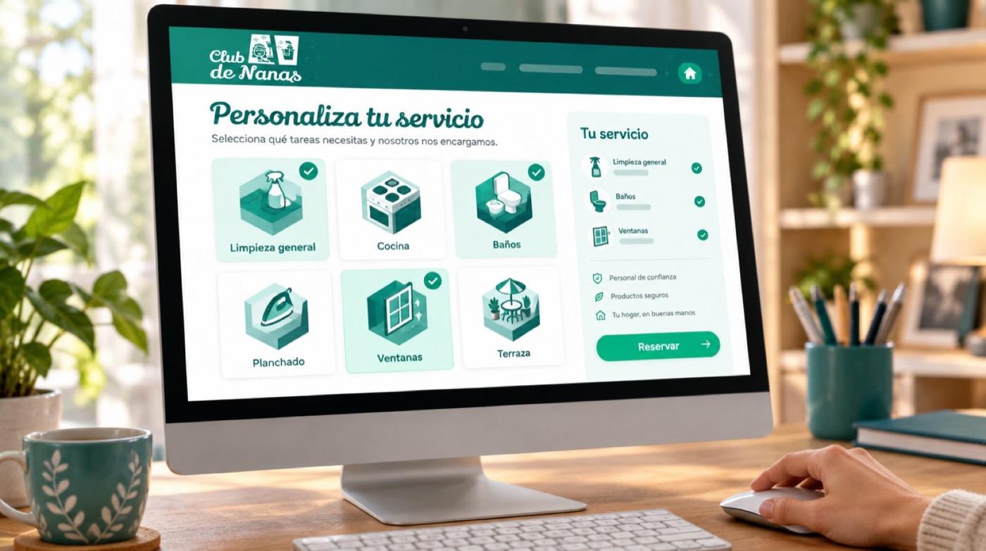 Pantalla con el selector visual de servicios de Club de Nanas y el botón para reservar