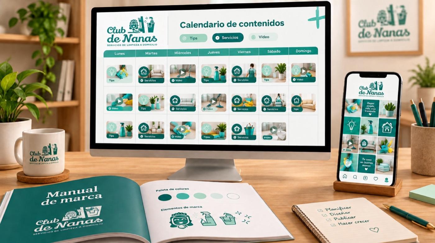 Calendario de contenidos de Club de Nanas en un monitor y la grilla publicada en un celular