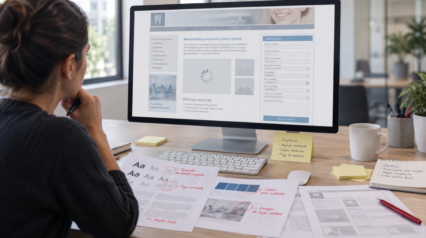 Diseñadora revisando la web anterior, con notas sobre tipografía, contraste y un formulario de reserva extenso