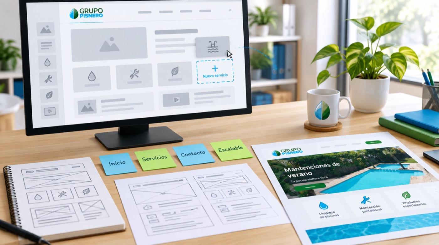 Escritorio de diseño con wireframes modulares y un espacio reservado para un nuevo servicio