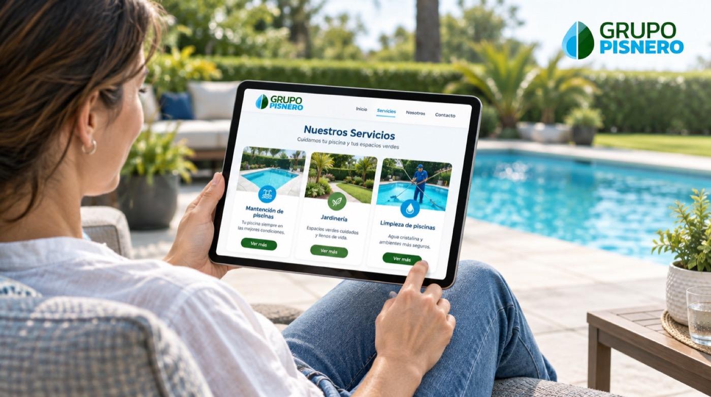 Persona revisando en una tablet los servicios de Grupo Pisnero junto a su piscina