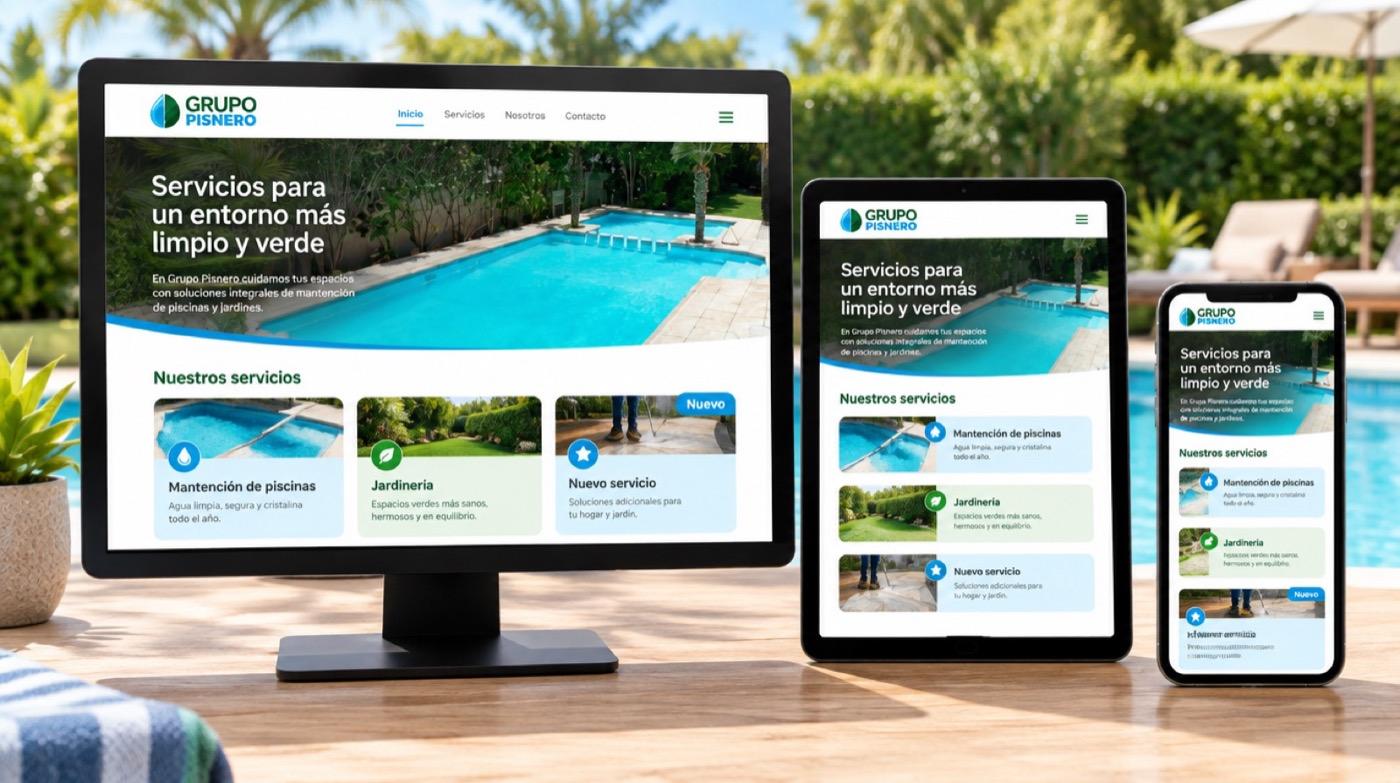 Sitio de Grupo Pisnero en monitor, tablet y celular, con una nueva sección de servicios