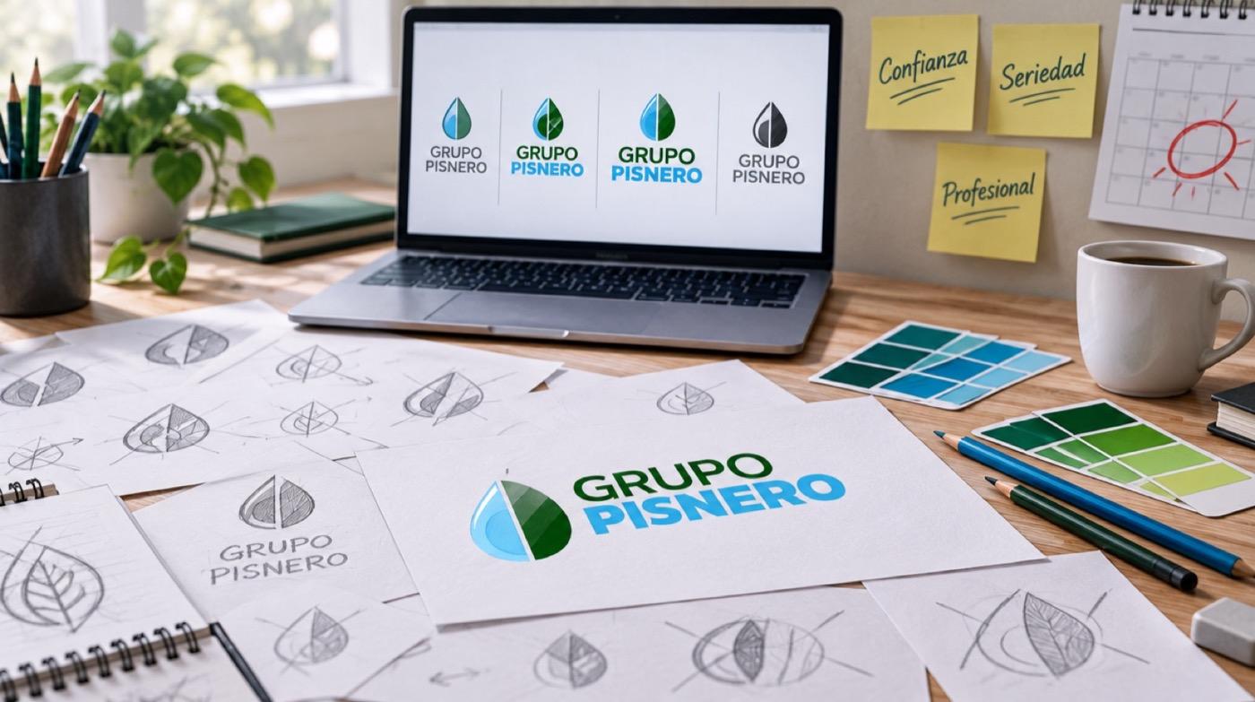Mesa de diseño con bocetos de logo, muestras de color y un calendario ajustado