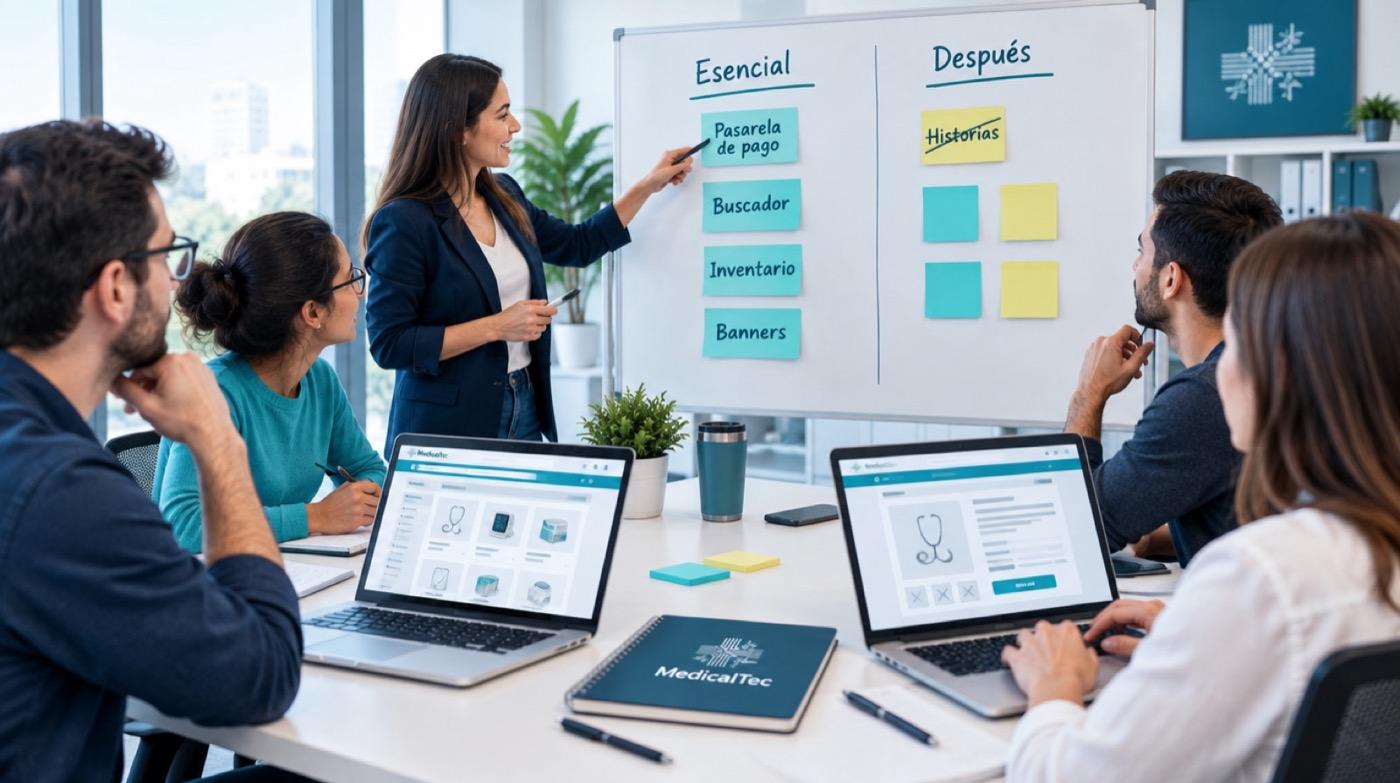 Equipo priorizando funcionalidades del e-commerce en una pizarra, con la idea de historias descartada