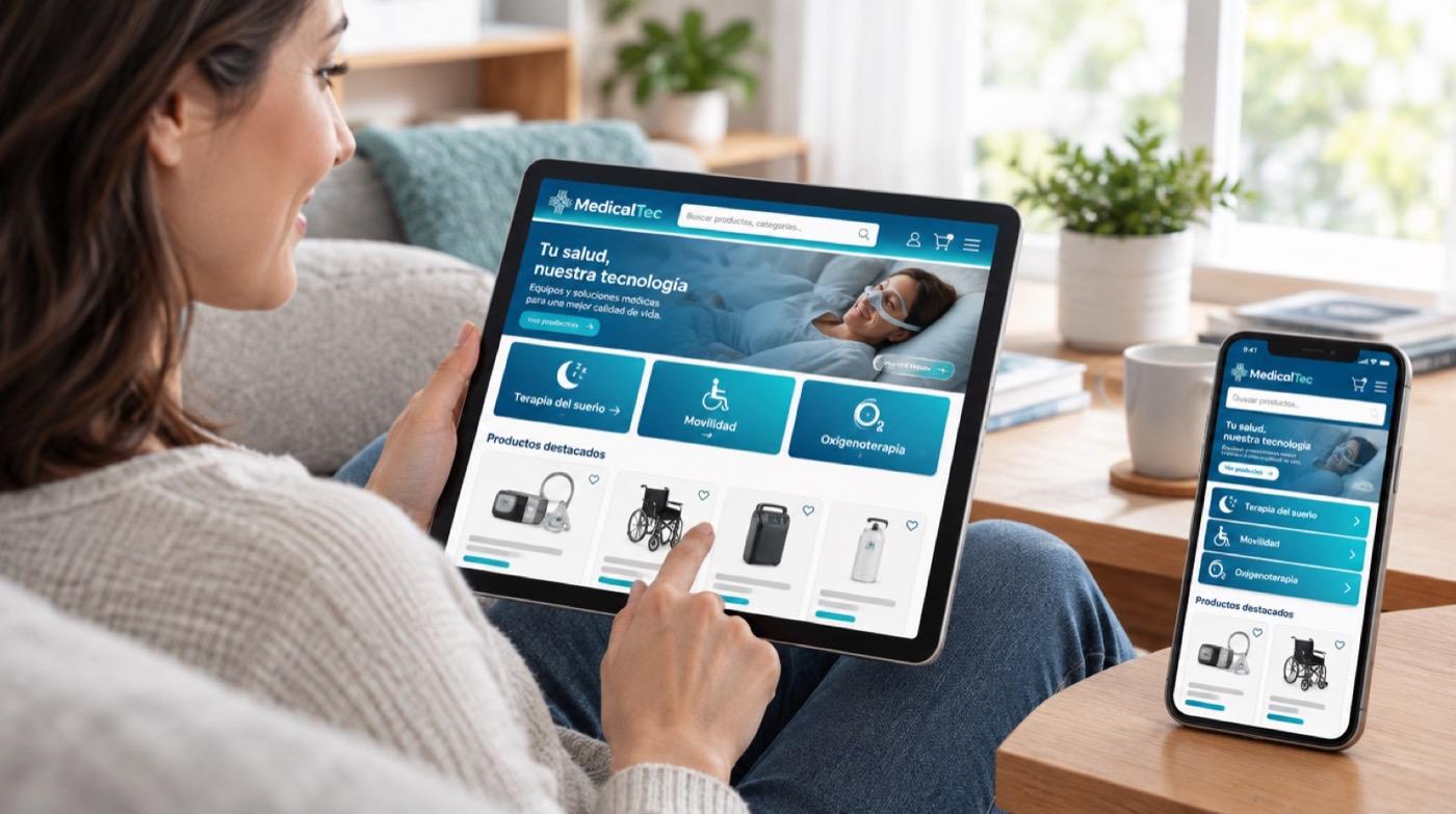 Mujer navegando por categorías de MedicalTec en una tablet, con la versión móvil al lado