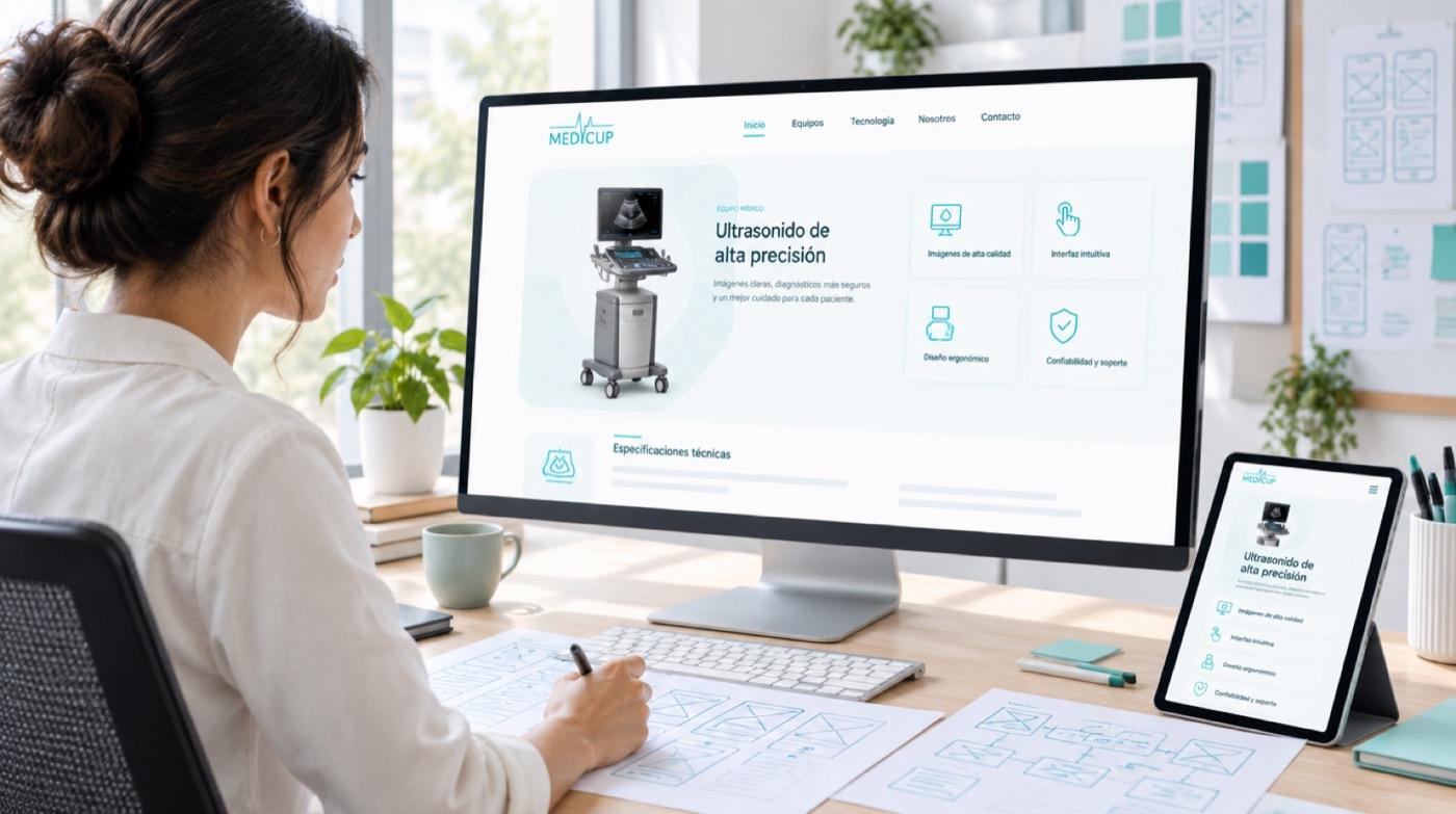 Diseñadora trabajando el sitio de Medicup con bocetos de navegación y la versión en tablet