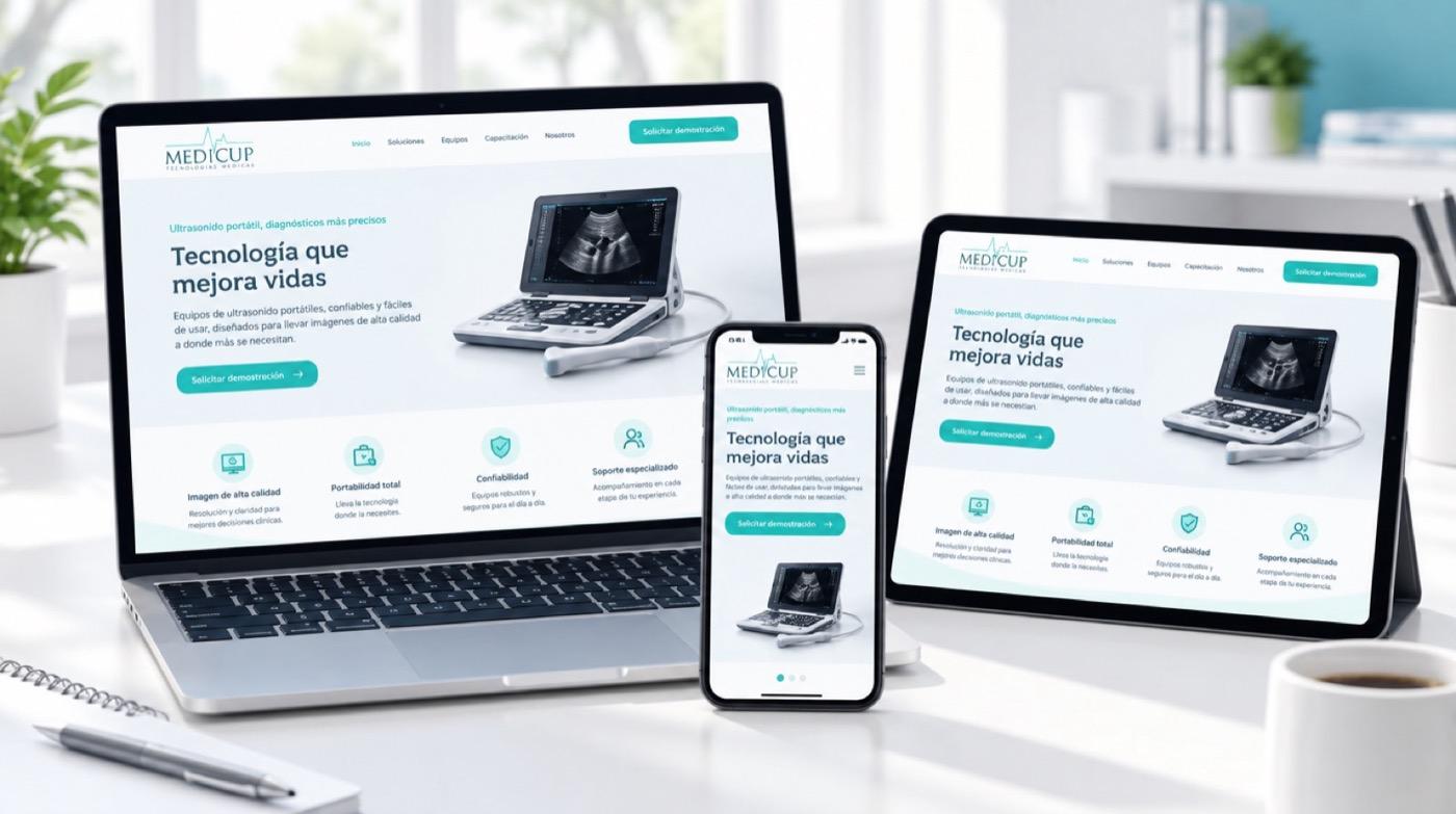 Sitio de Medicup adaptado a laptop, tablet y celular, con un ecógrafo portátil en portada