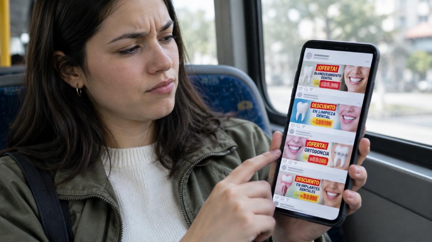 Persona dudando frente a un feed lleno de ofertas dentales parecidas
