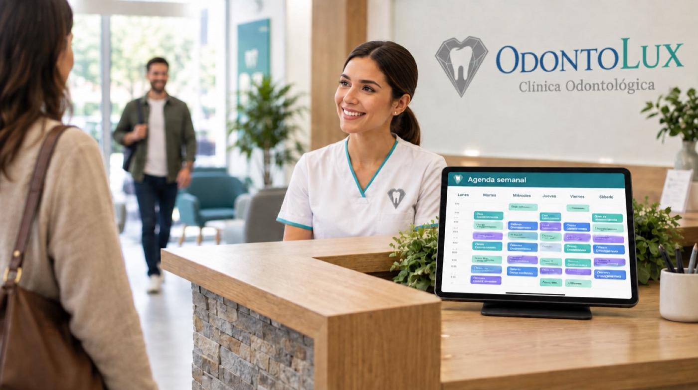 Recepción de OdontoLux con la agenda semanal llena en una tablet