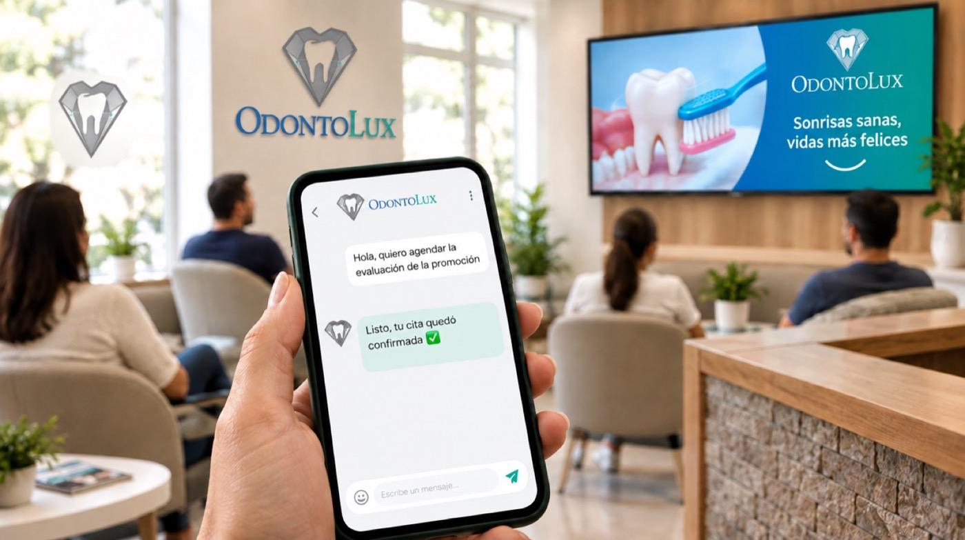 Chat con OdontoLux que confirma una cita y video educativo en la sala de espera