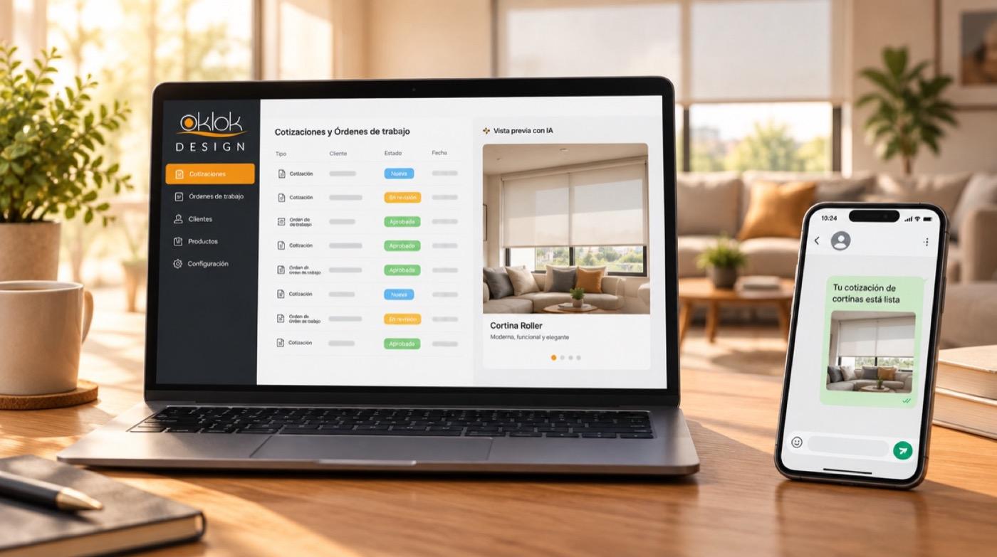 Administrador de cotizaciones de OKLOK con mockup de cortina y aviso de cotización lista en el celular