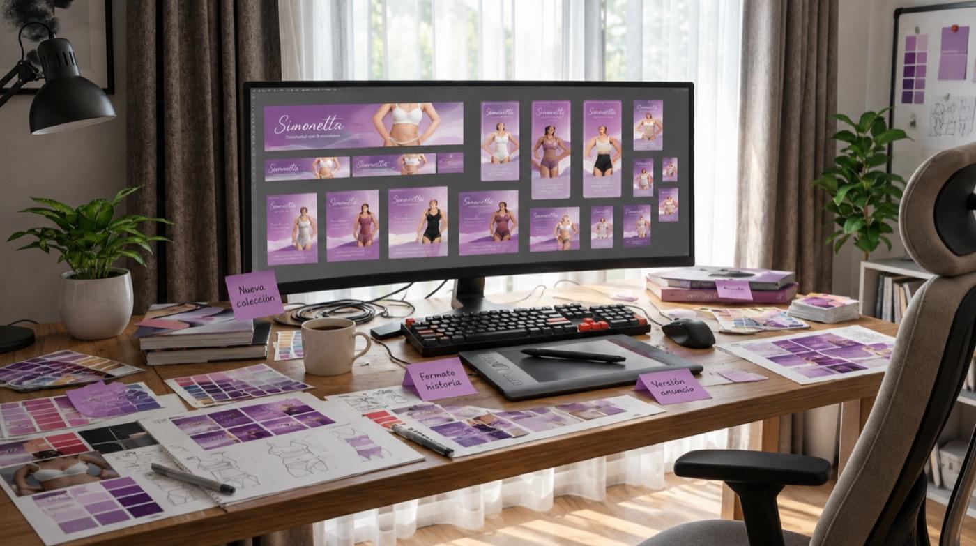 Estación de diseño con piezas de Simonetta en muchos formatos y notas de nueva colección, historia y anuncio