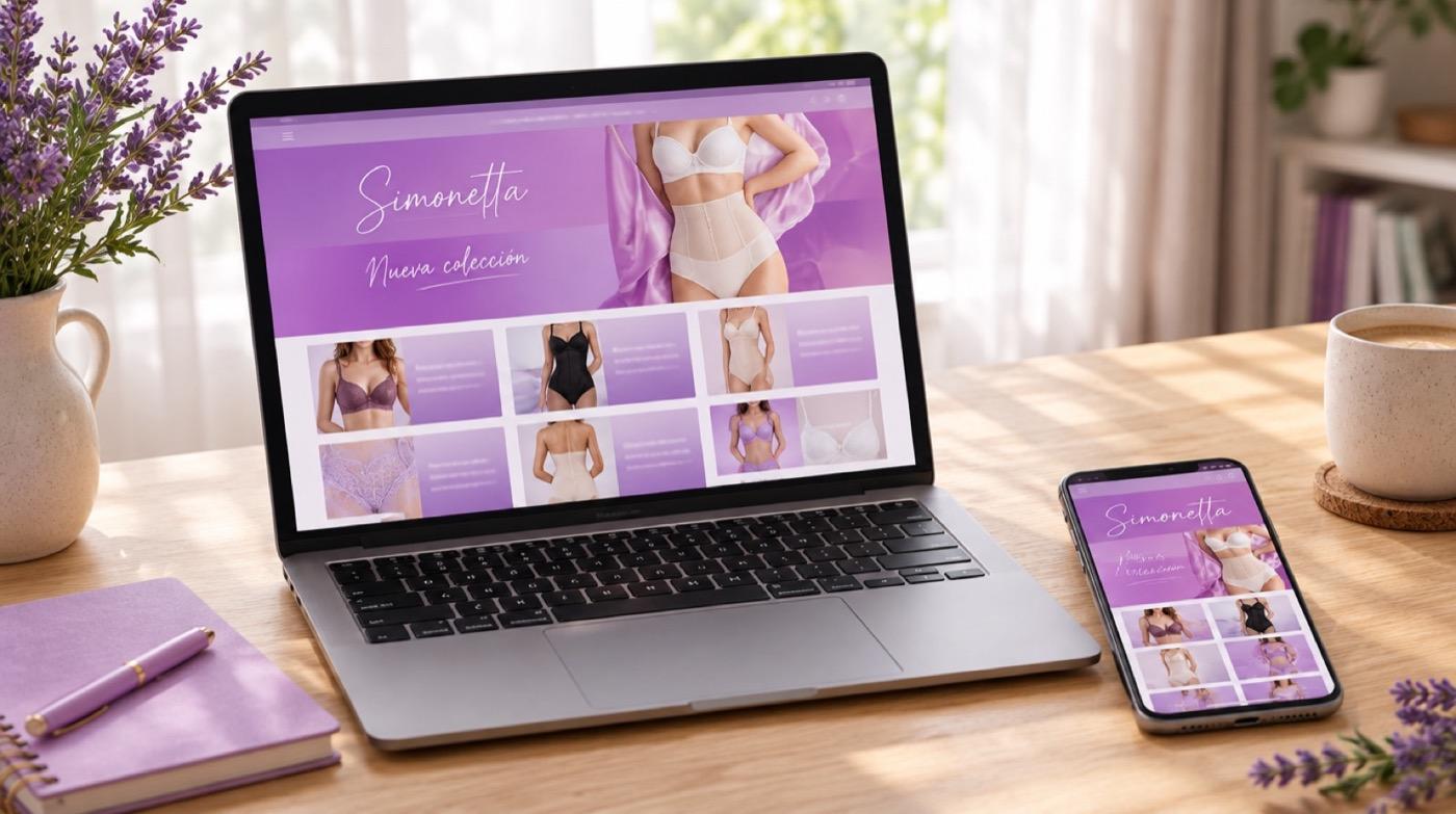 Tienda online de Simonetta en un notebook y un celular, con banners morados de la nueva colección