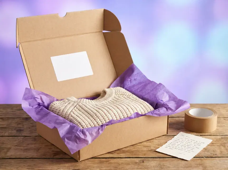 Pedido empacado en una caja con papel violeta, listo para despacho