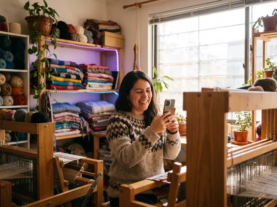 Emprendedora textil sonríe al ver una venta en su celular