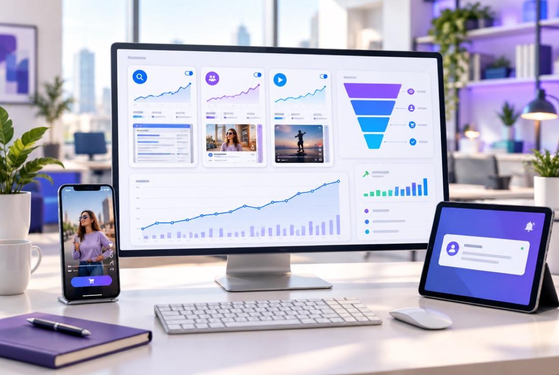 Tablero de marketing en vivo con campañas de búsqueda, redes y video, junto a un anuncio en el celular y un aviso de nuevo lead