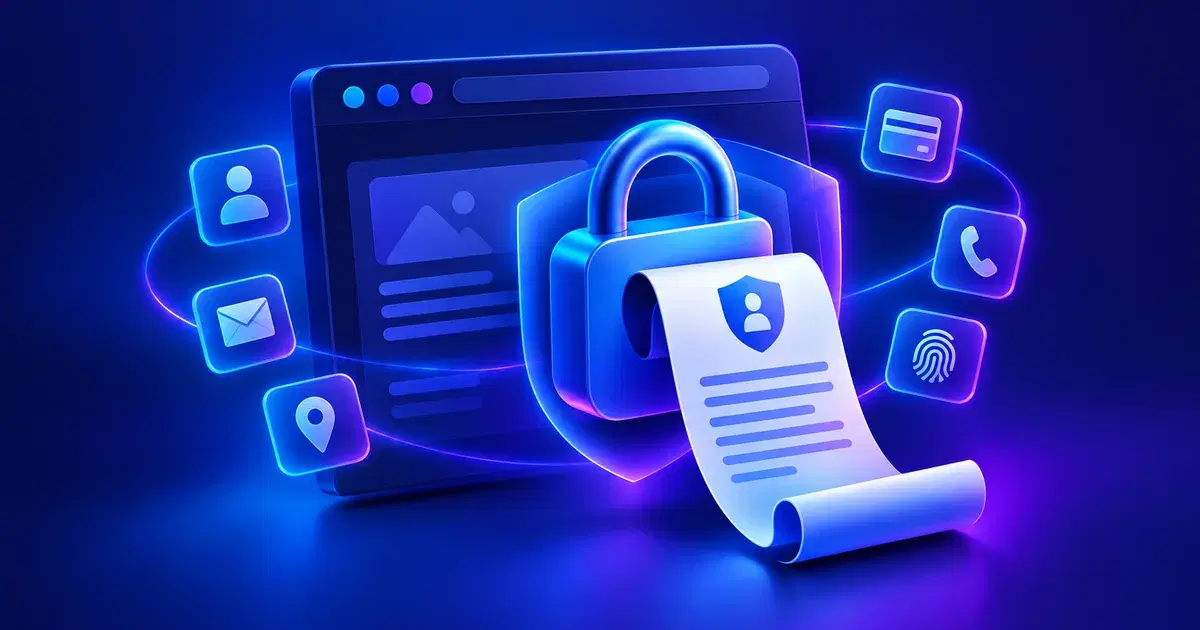 Ilustración de una página web con un candado y un documento de privacidad que protege datos personales