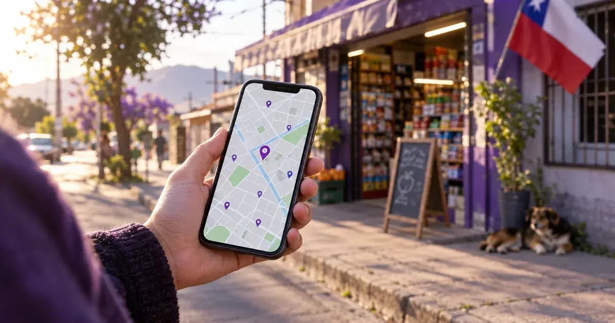 Mano con un celular que muestra un mapa con ubicaciones frente a un almacén de barrio en Chile