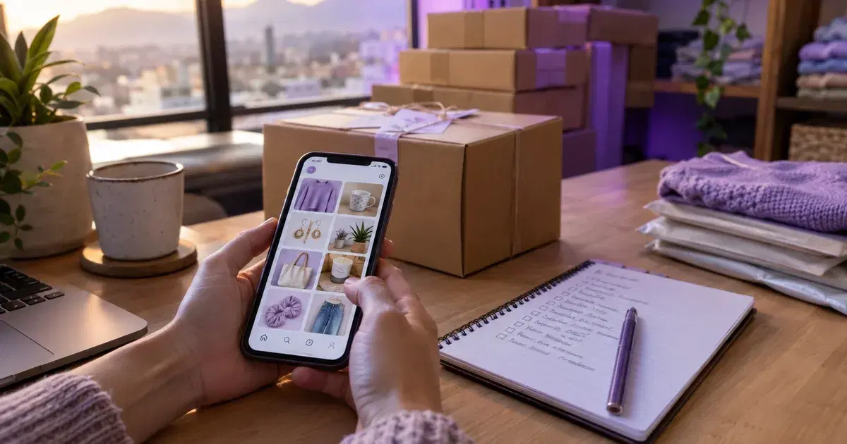 Celular con una grilla de productos junto a pedidos empacados y un cuaderno con pedidos pendientes