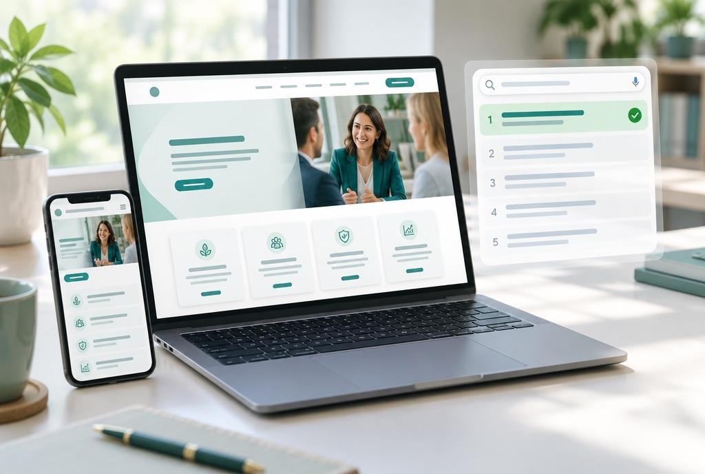 Web institucional en notebook y celular, con el sitio en el primer resultado de búsqueda