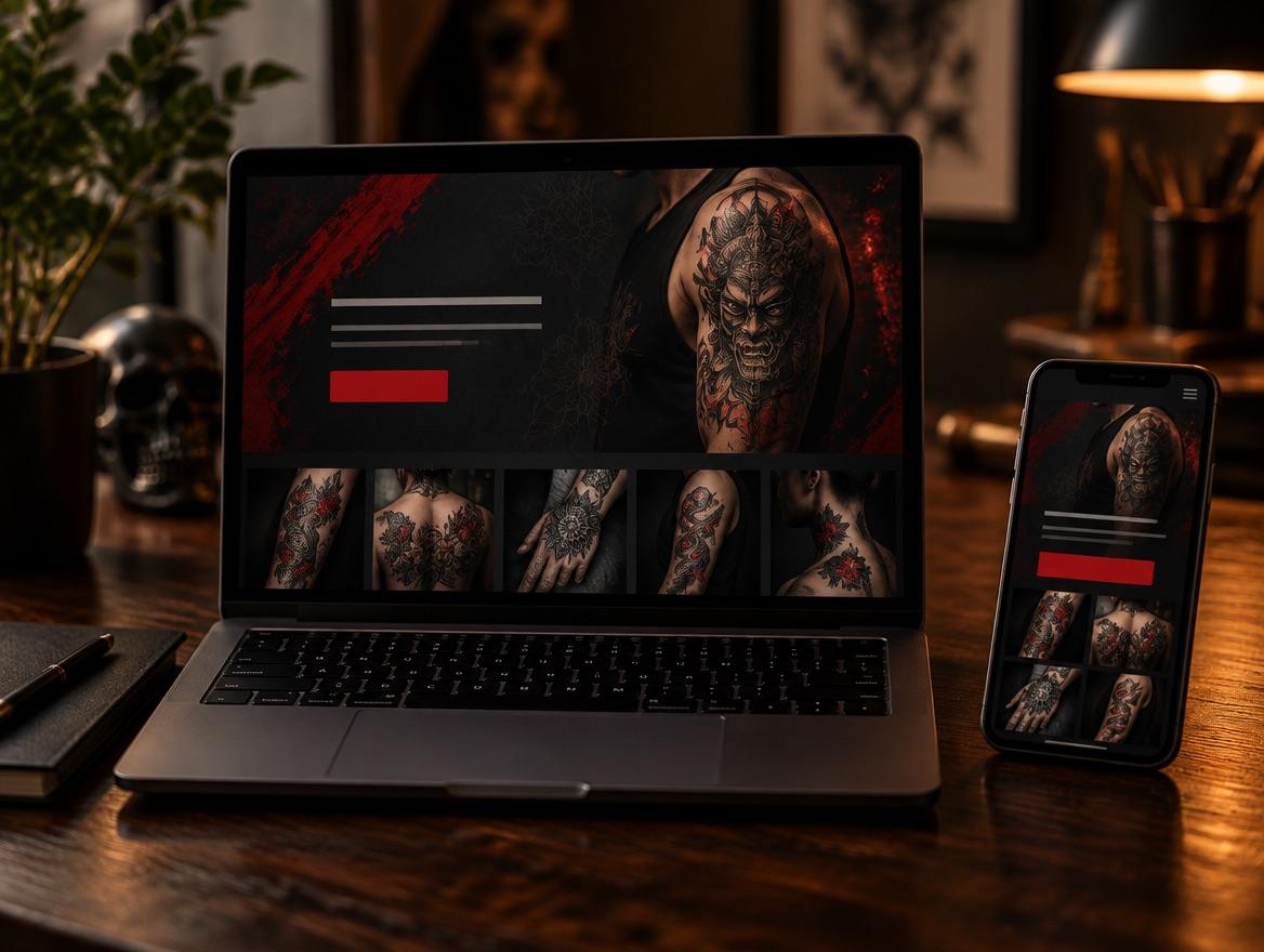 Landing de una página para un estudio de tatuajes en notebook y celular